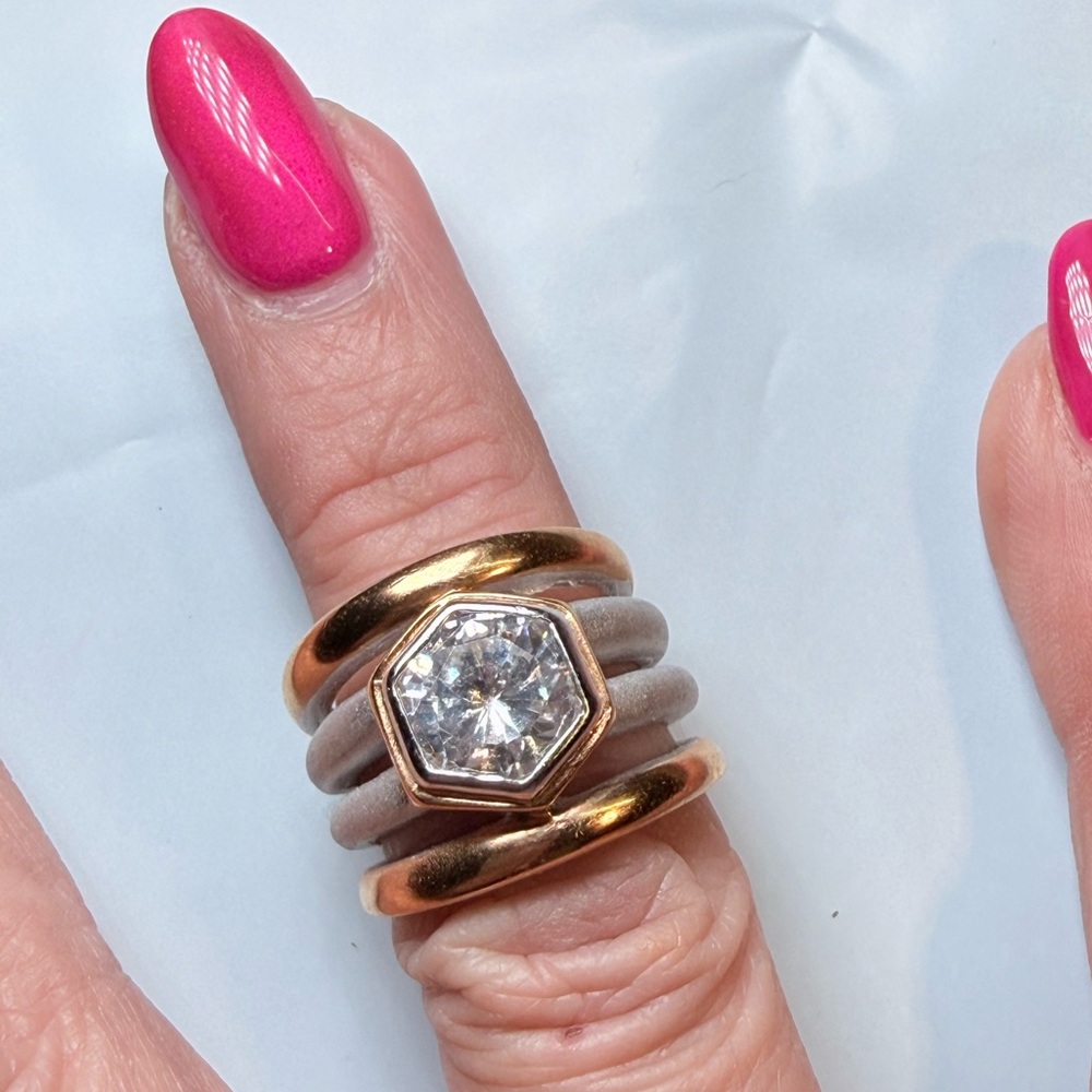 Lauren G Adams Wrap Ring Hexagon Crystal Gold & Silver Tone Statement Ring - Picture 2 of 5